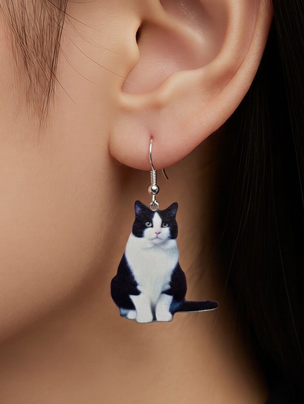 Black Tuxedo Cat 🐈‍⬛ Earrings Gothic Dangle Shiny Acrylic Tux Kitty Cute Gift